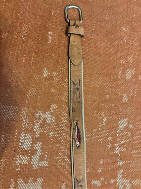 Fish Embroidered Tan Leather Belt with Polished Buckle